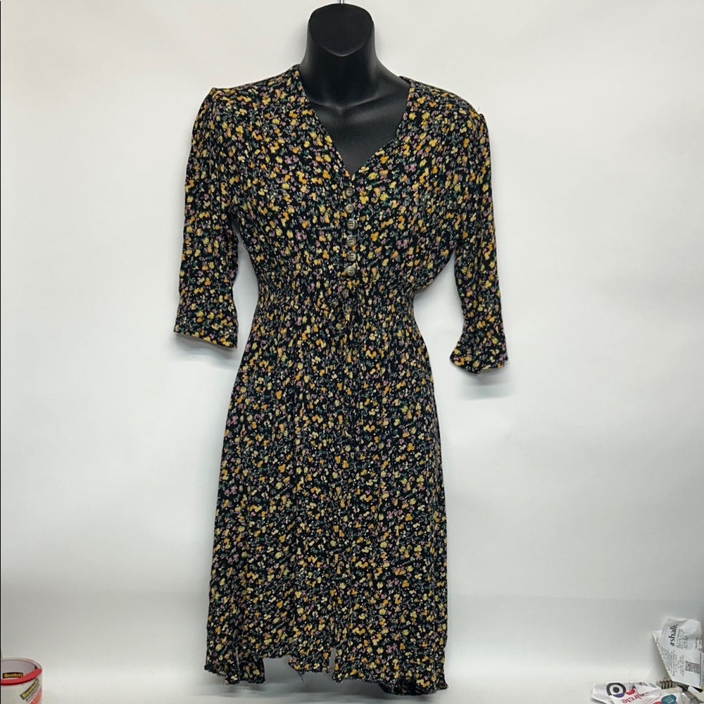 Black Floral V-Neck Midi Dress with Yellow Accents Y2K cottage core small